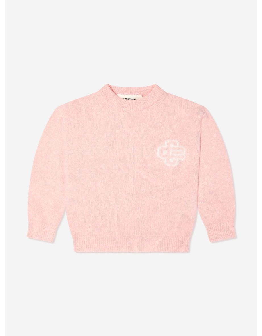 Kids Fluffy Knit Emblem Jumper in Pink