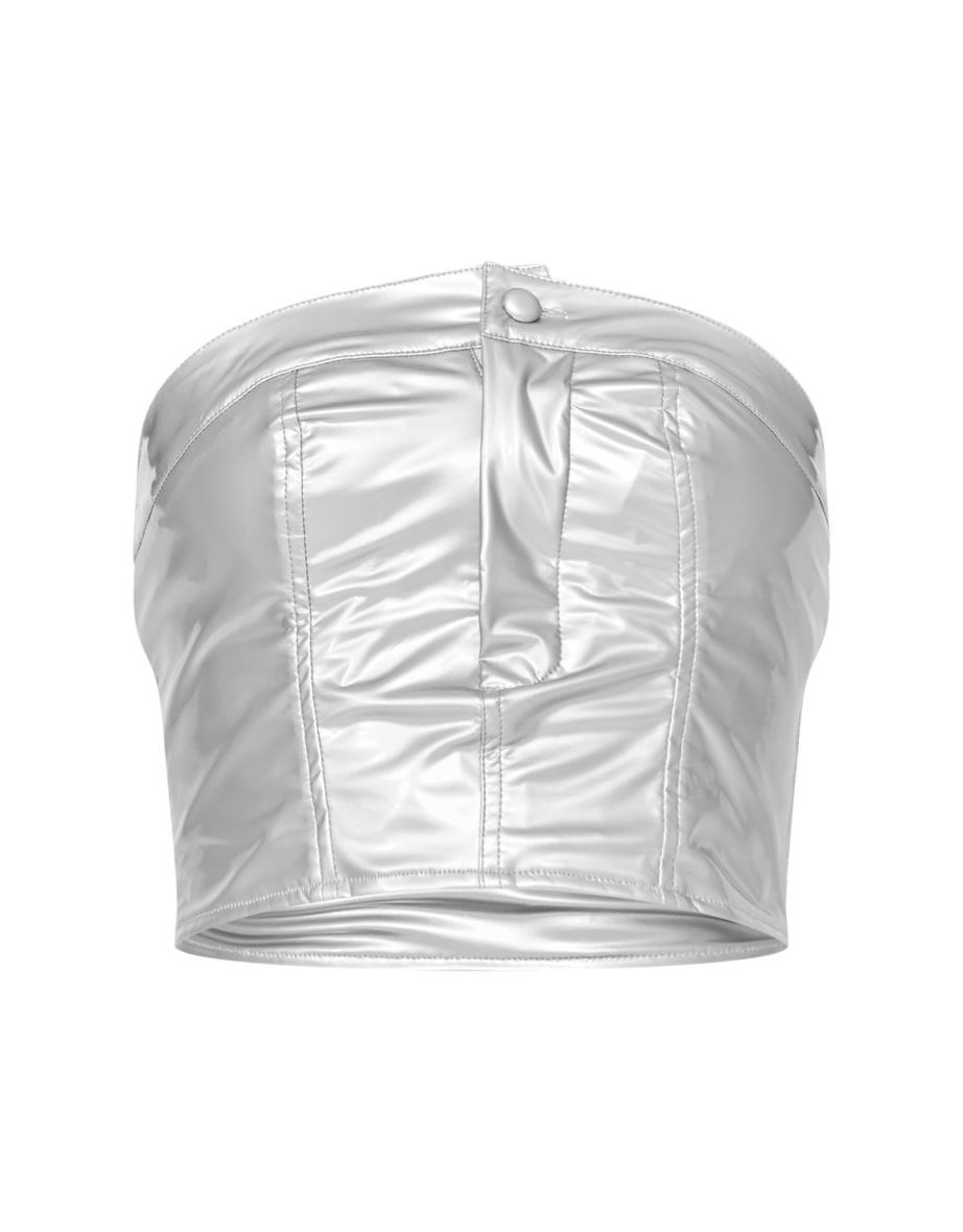 Silver Metallic Faux Leather Popper Detail Corset Crop Top - 4