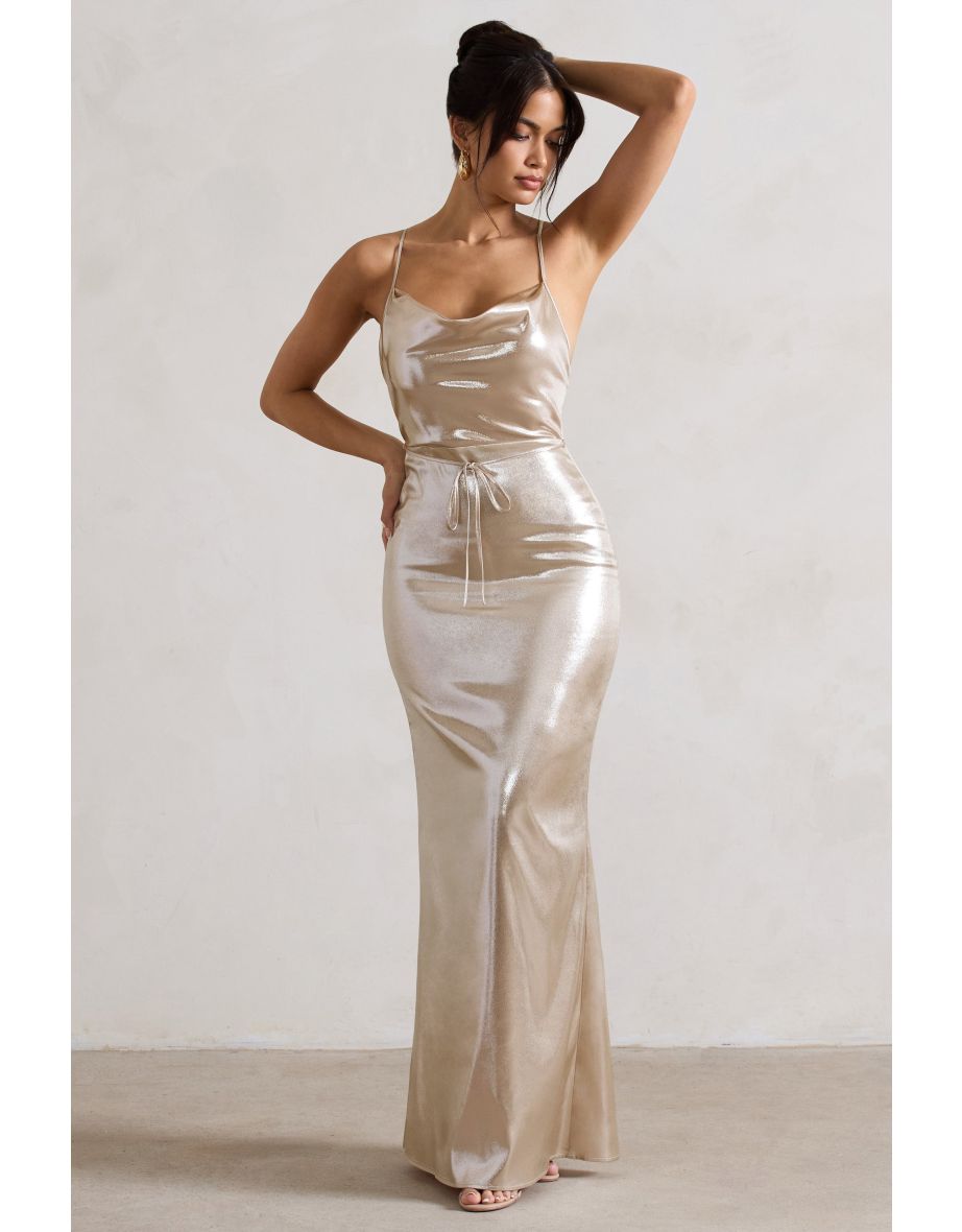 All In Time | Champagne Metallic Cowl-Neck Maxi Dress With Cross Back Detail