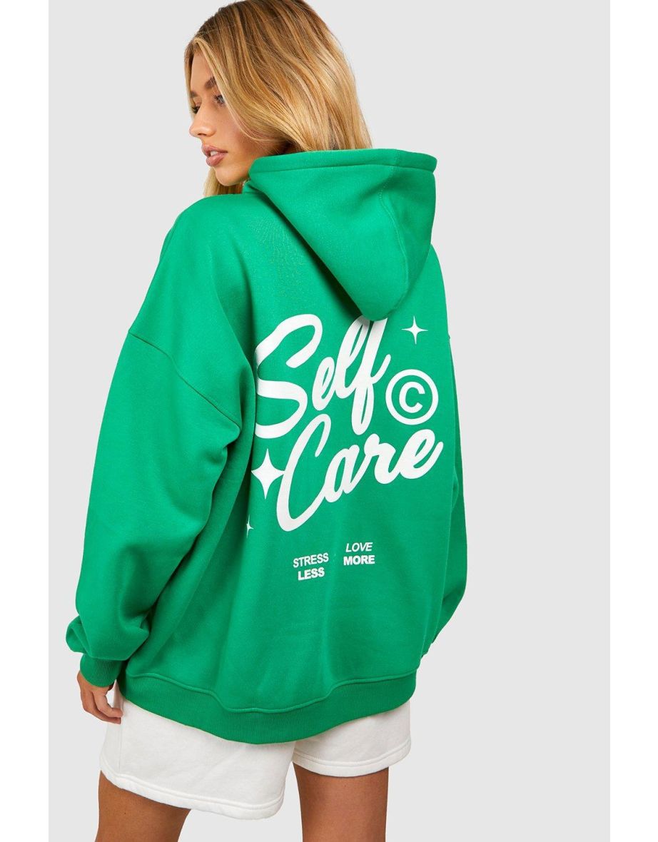 Self Care Slogan Back Print Hoodie - green