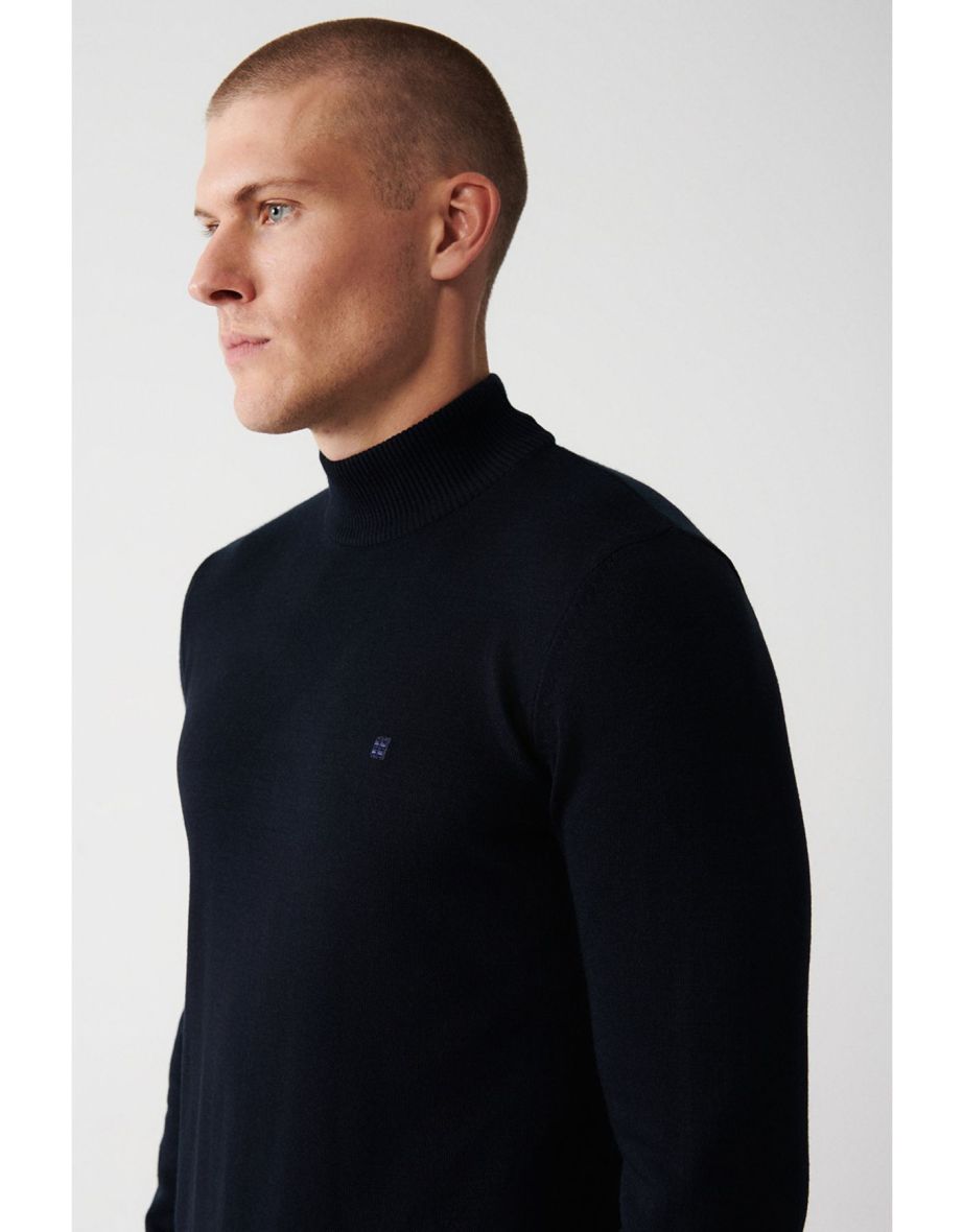 Navy Blue Unisex Knitwear Sweater Half Turtleneck Non-Pilling Standard Fit Regular Cut - 4