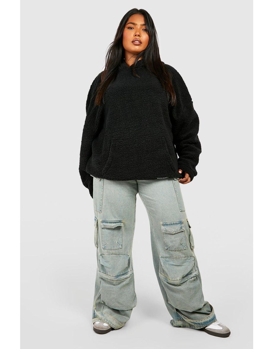 Plus Borg Oversized Hoodie With Woven Label - black
