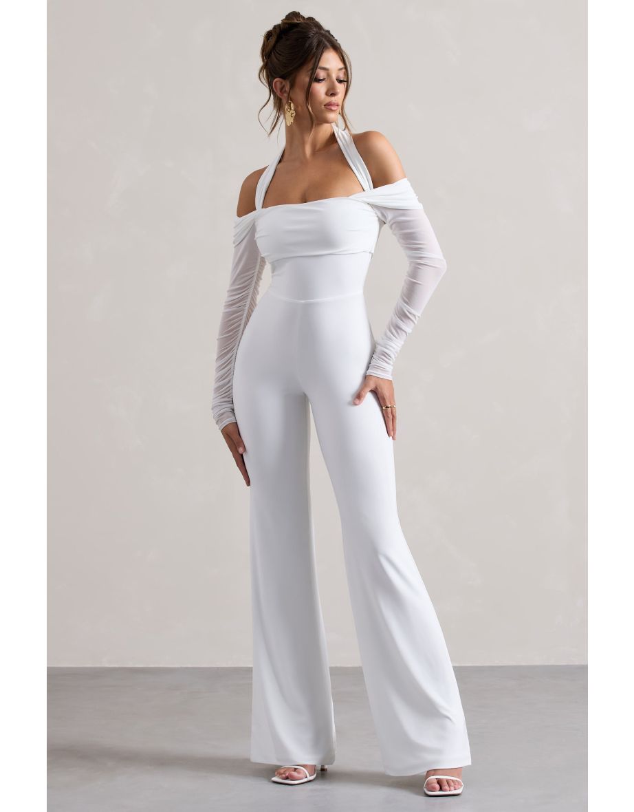 Shannon | White Ruched Halter-Neck Flared-Leg Jumpsuit