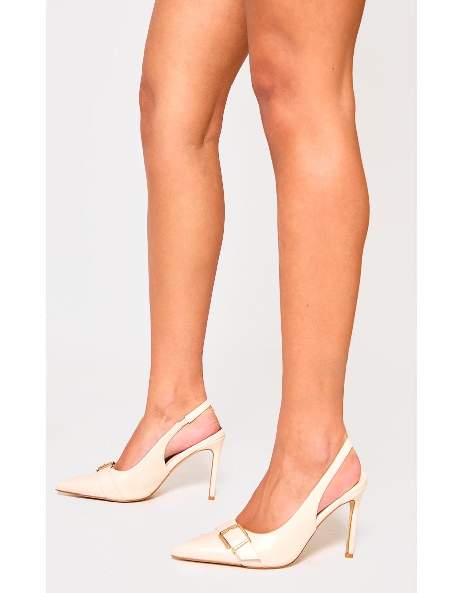 Shop Cream PU Wide Fit Buckle Detail Stiletto High Heel Sling Back Court Heels Online in Bahrain VogaCloset