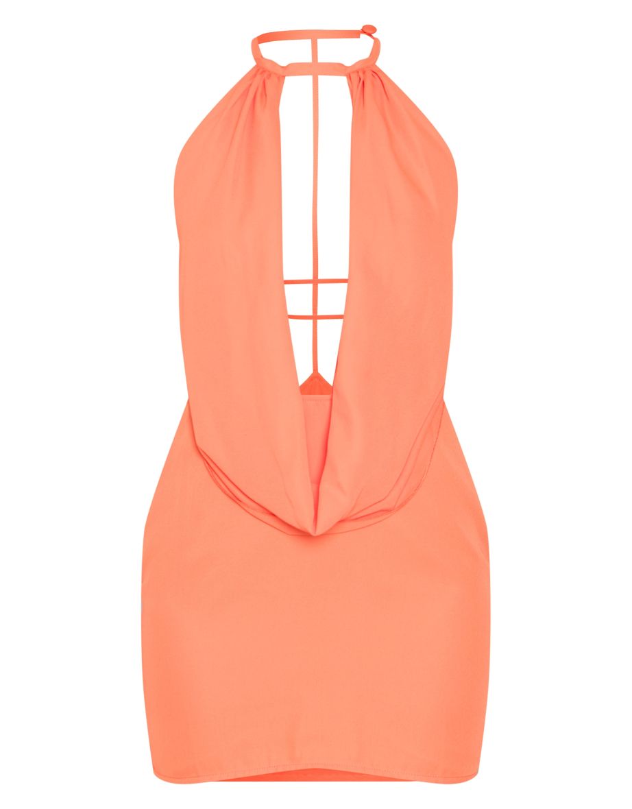 Orange Chiffon Cowl Neck Halter Mini Dress - 4