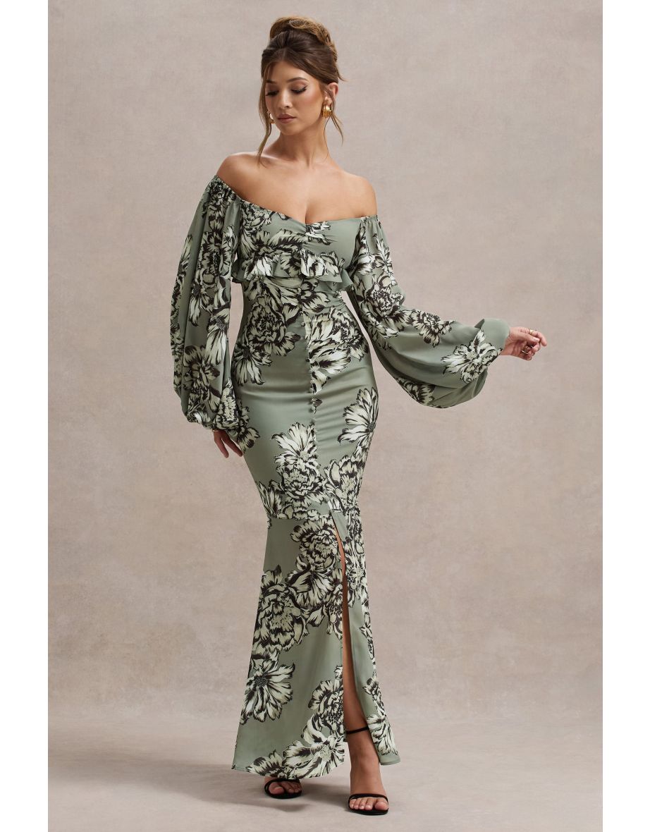 Murcia | Olive Floral Print Chiffon Puff-Sleeve Button Dress