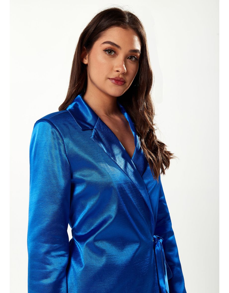 Women's Blazer Dress in Bold Blue Satin with Slit Sleeves and Unique Waist Tie - 4