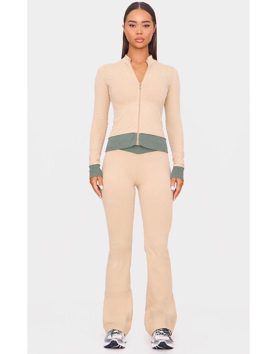 Beige Flared Contrast Leggings