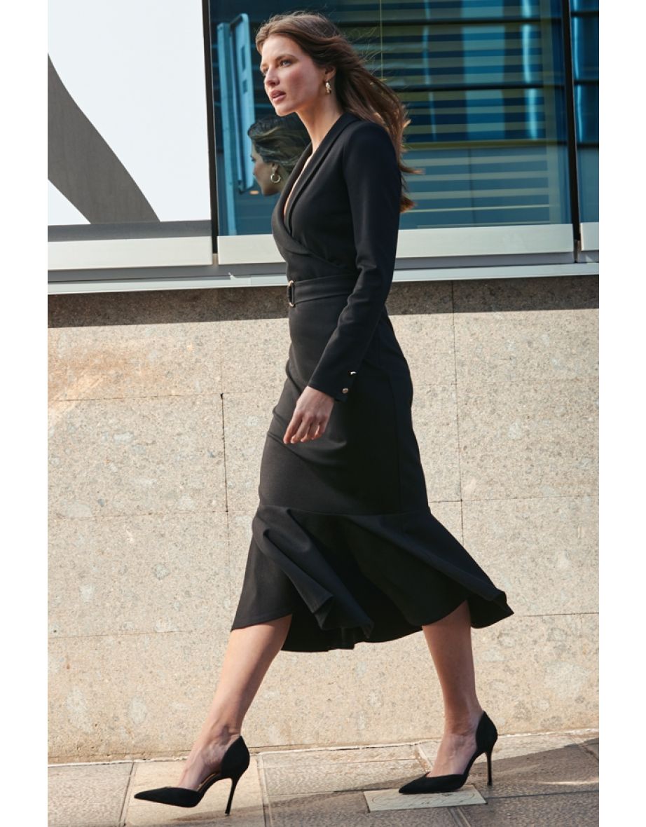Black Tailored Fishtail Hem Wrap Dress - 4