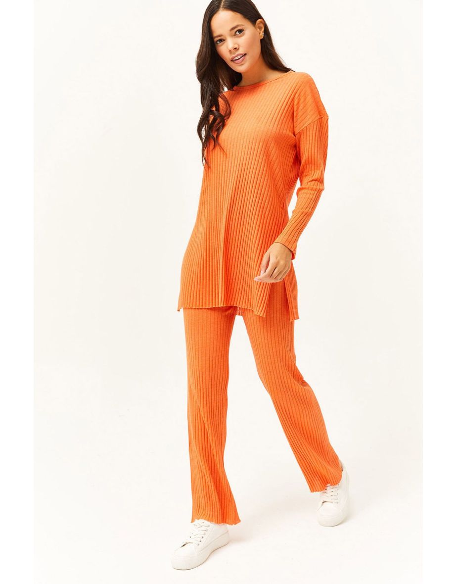 Women's Orange Top Slit Blouse Bottom Palazzo Ribbed Suit - 4