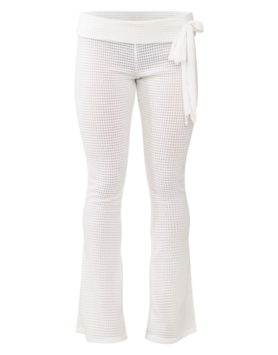 Cream Sheer Waffle Ruffle Detail Fold Over Waistband Flared Trousers - 4