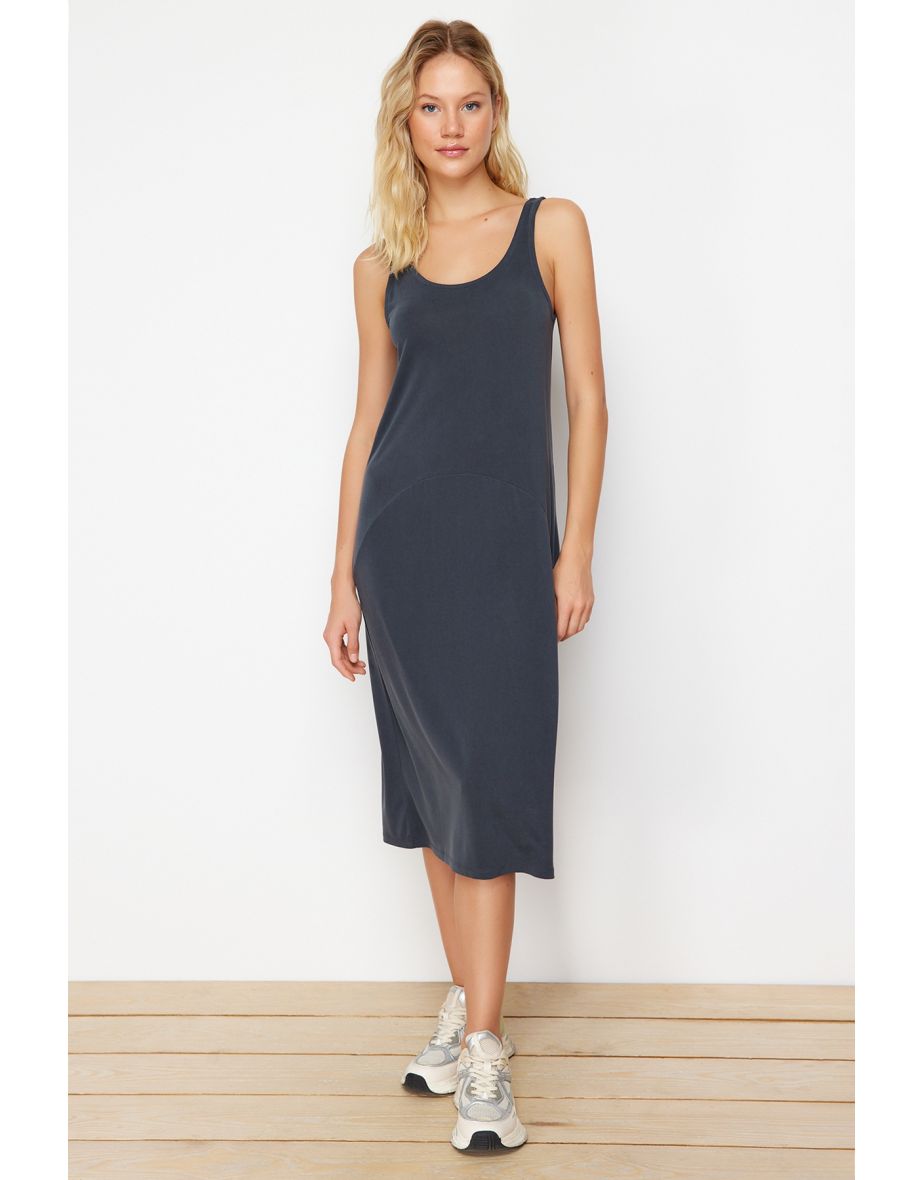 Anthracite Soft Touch/Modal Thick Strap Pool Collar Knitted Midi Dress