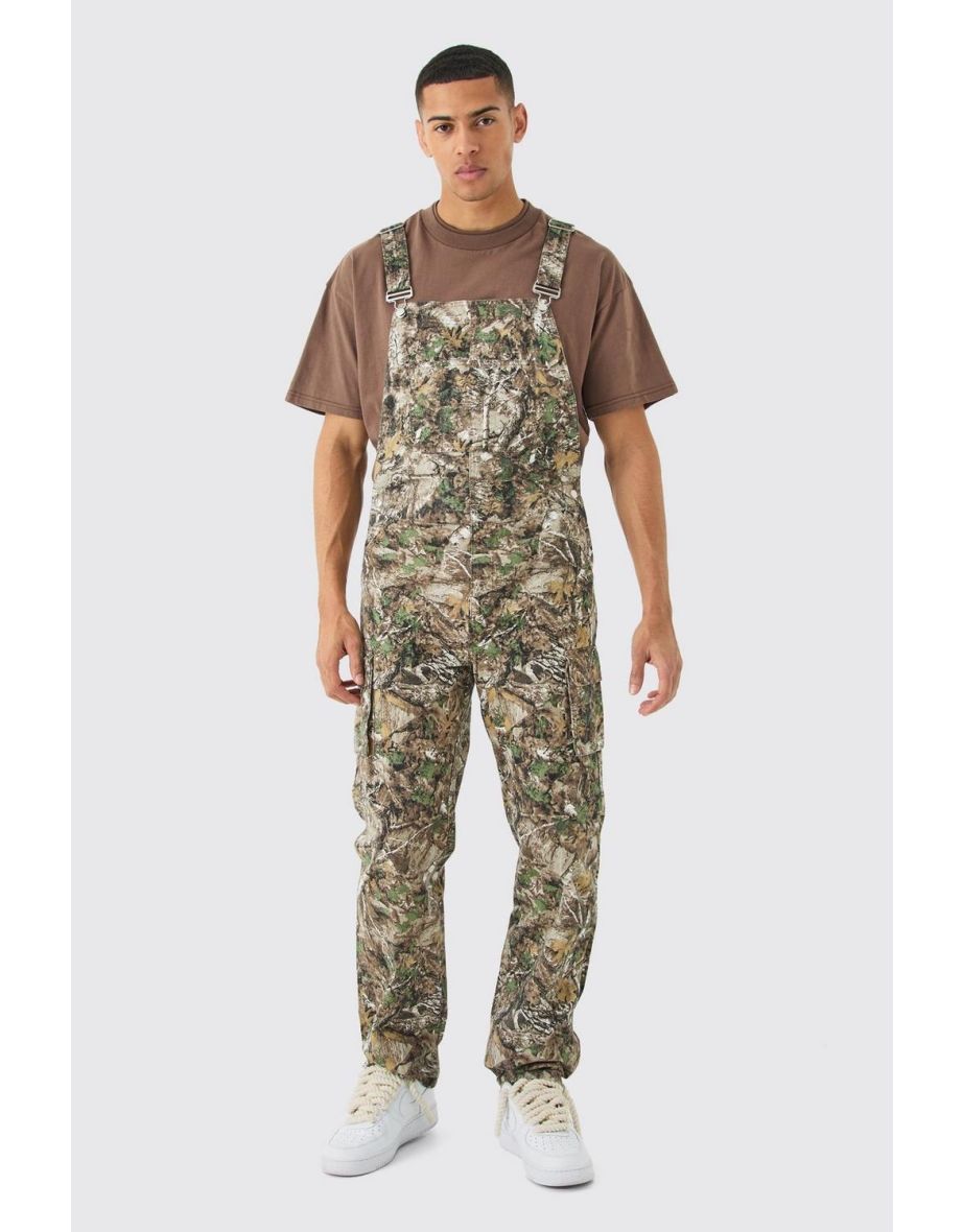 Forest Camo Cargo Pocket Relaxed Dungarees - khaki