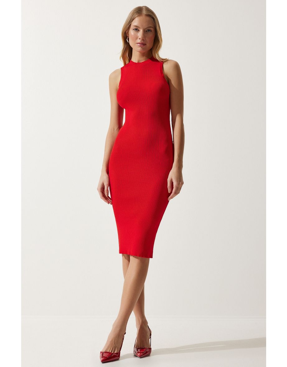 Women's Red Ribbed Saran Knitwear Dress