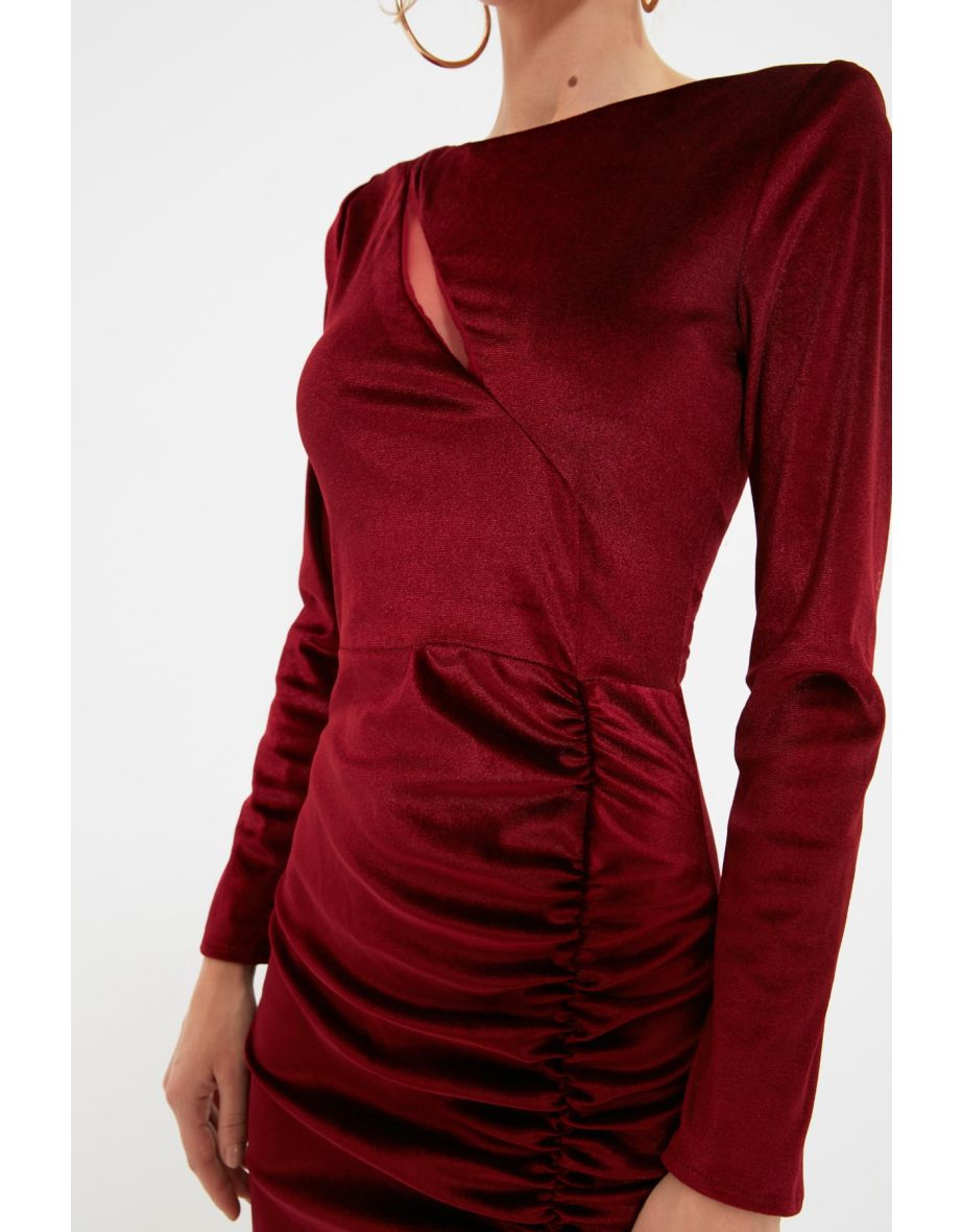 Red Velvet Ruched Column Midaxi Party Dress - 4