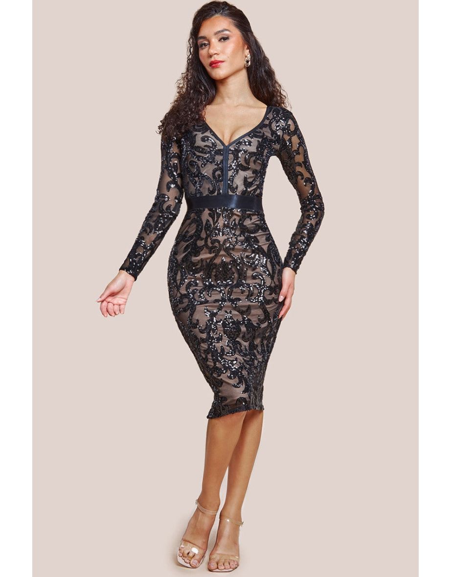 Goddiva Sequin & Mesh Midi Dress - Black