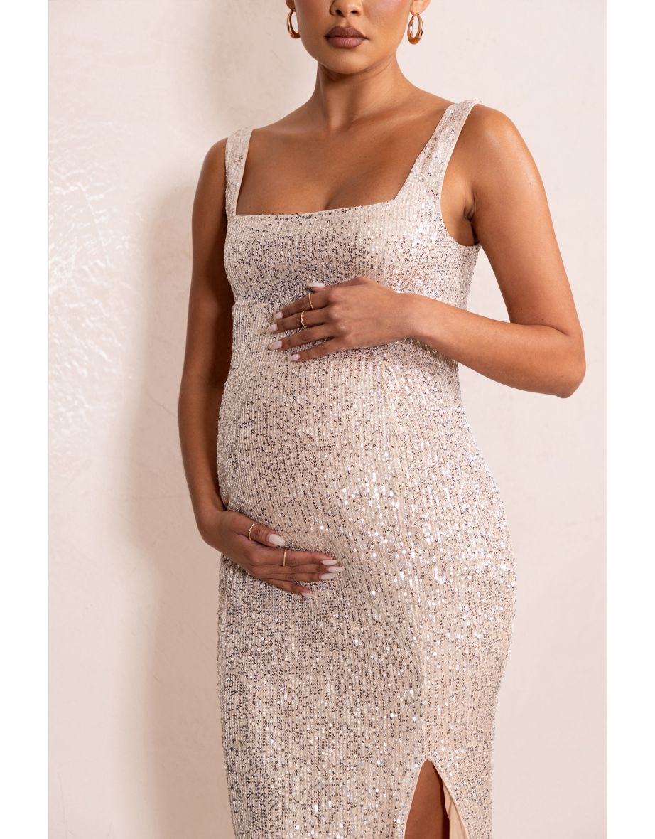 Sparkle Mama | Nude Maternity Sequin Split Hem Maxi Dress - 4