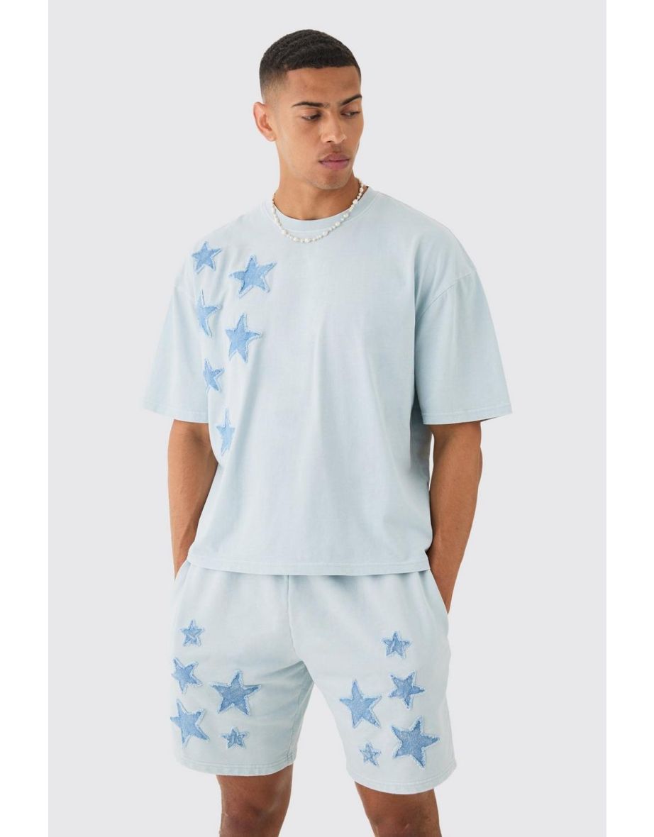Oversized Acid Wash Denim Stars Applique T-shirt & Shorts Set - light blue - 2