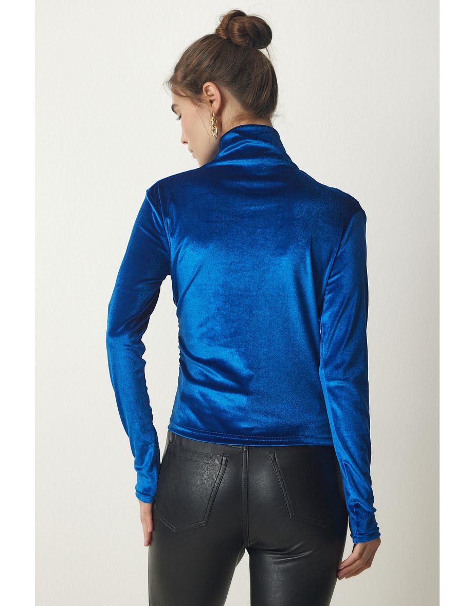 Women's Blue Gathered Collar Elegant Velvet Blouse - 5
