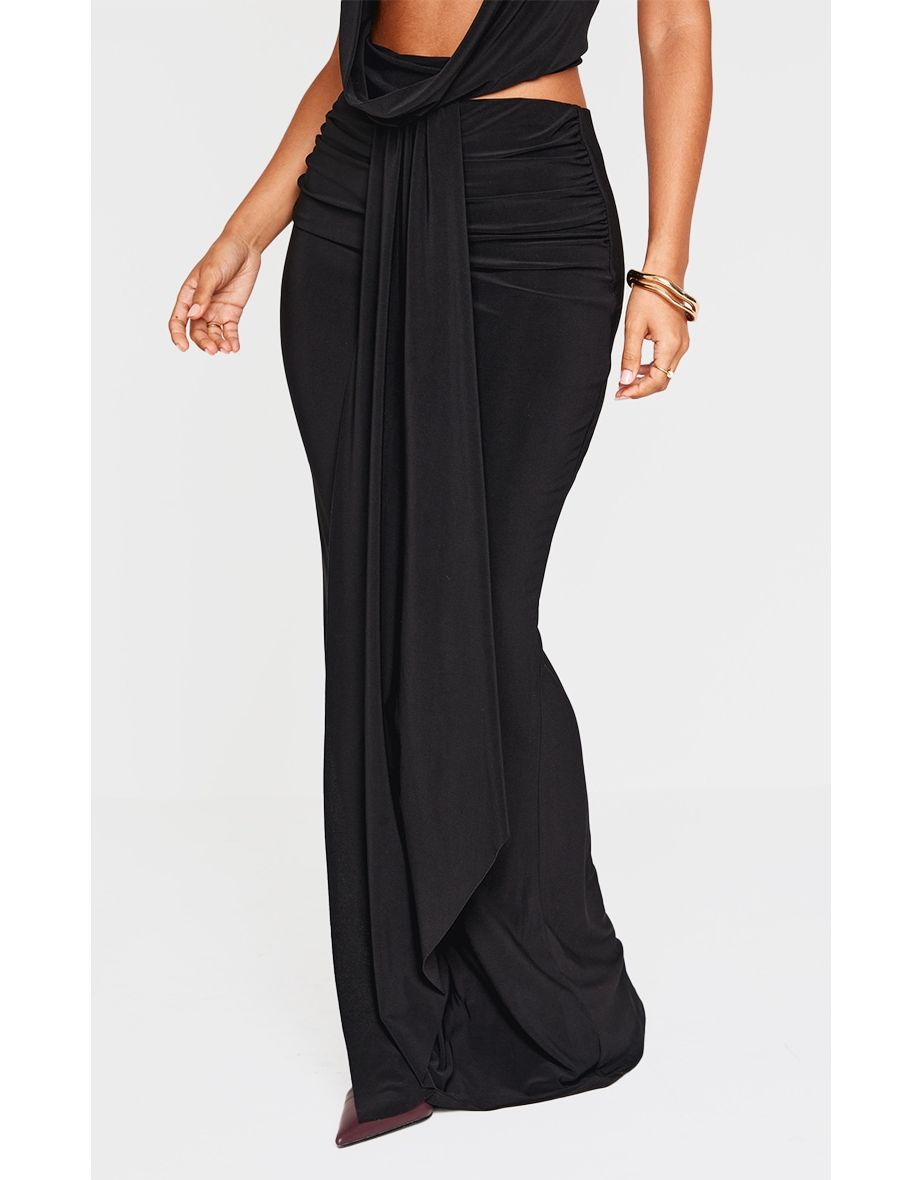 Petite Black Drape Detail Maxi Skirt