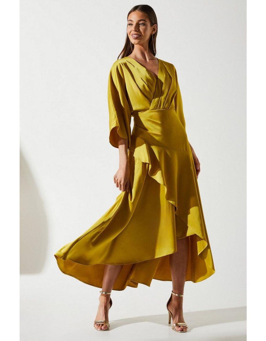 Satin Back Crepe Ruffle Wrap Maxi Dress