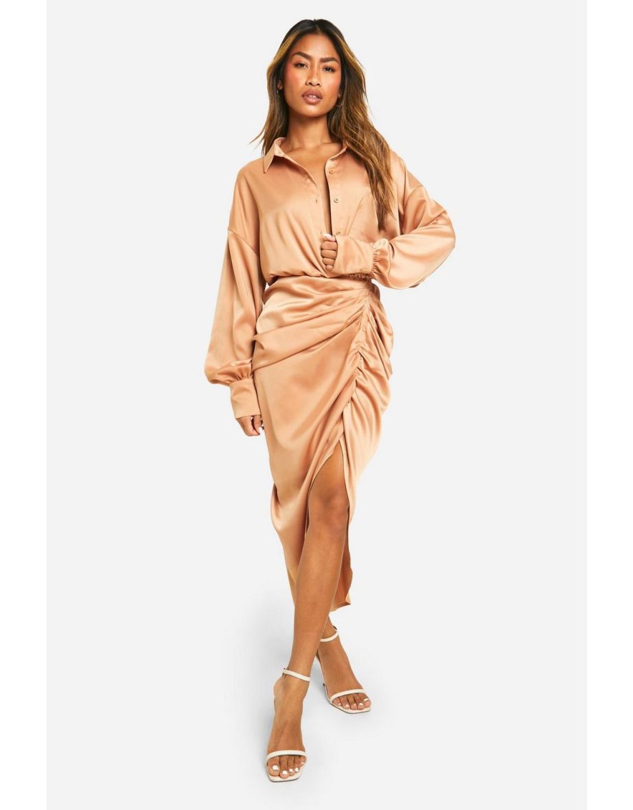 Satin Draped Shirt Dress - gold