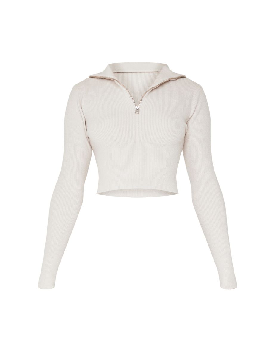 Slate Grey Soft Knit Zip Up Roll Neck Cropped Jumper - 4