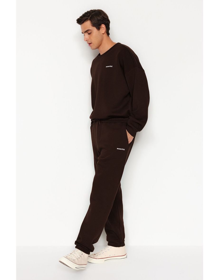 Dark Brown Tracksuit Set Oversize/Wide Cut Letter Printed With Fleece Inside