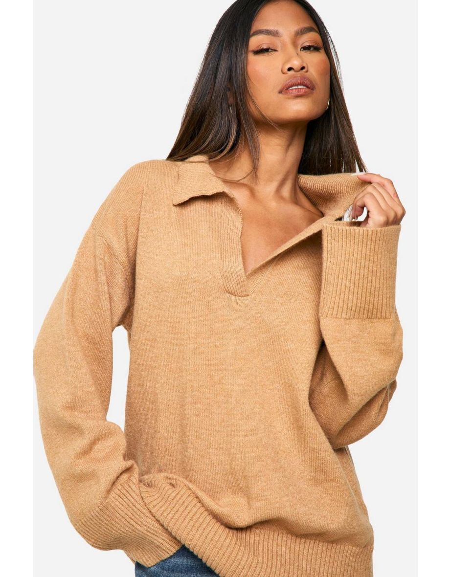 Premium Knitted Collared Oversized Jumper - beige - 3