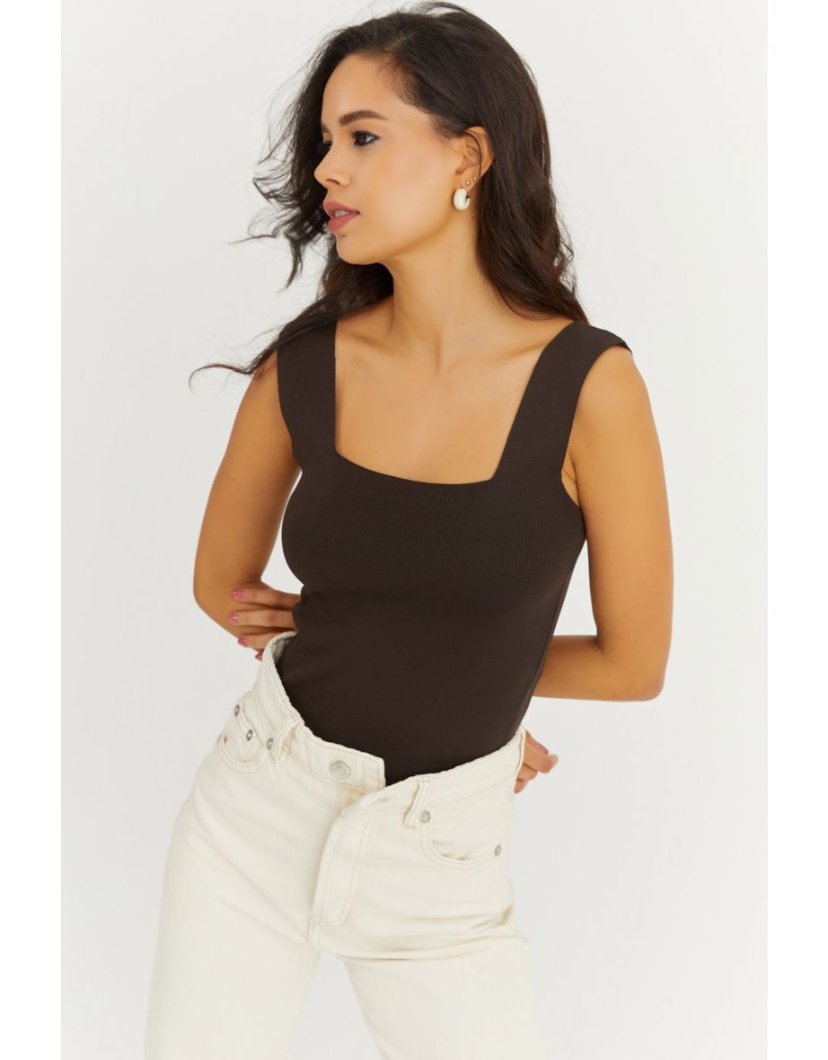 Women's Brown Square Collar Knitwear Blouse