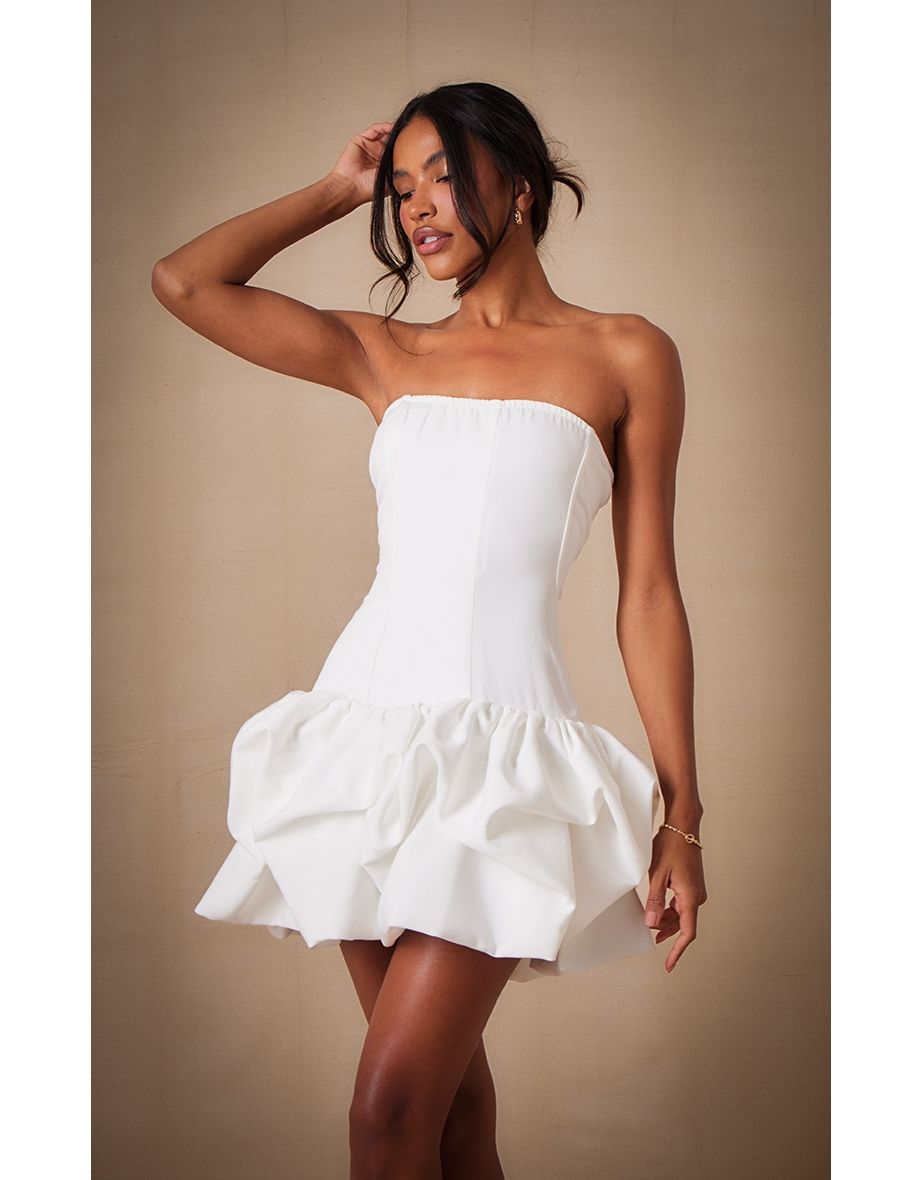 Premium White Woven Corset Puffball Hem Mini Dress