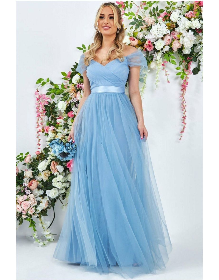 Goddiva Off The Shoulder Princess Maxi Dress - Powder Blue