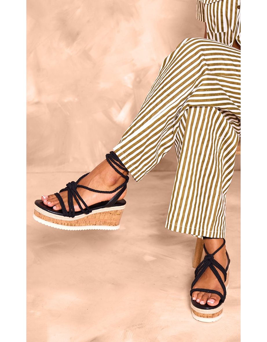 Black Rope Round Toe Espadrille Wedge Heeled Sandals