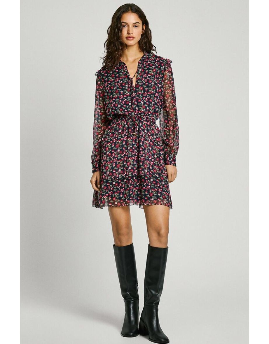 Olive Tiered Skater Dress with Long Voile Sleeves