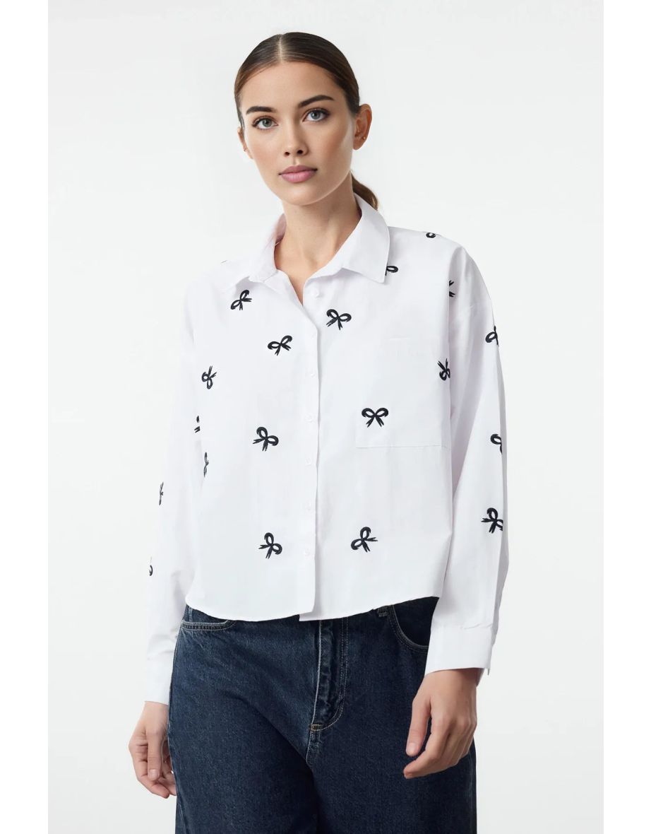 White Bow Embroidery Detailed Woven Shirt