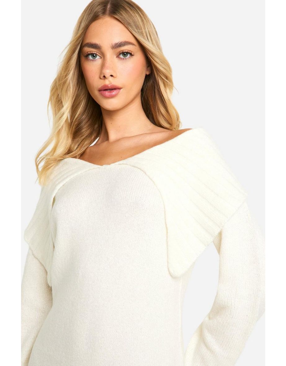 Soft Knit Oversized Collar Off The Shoulder Jumper Dress - ecru - 3