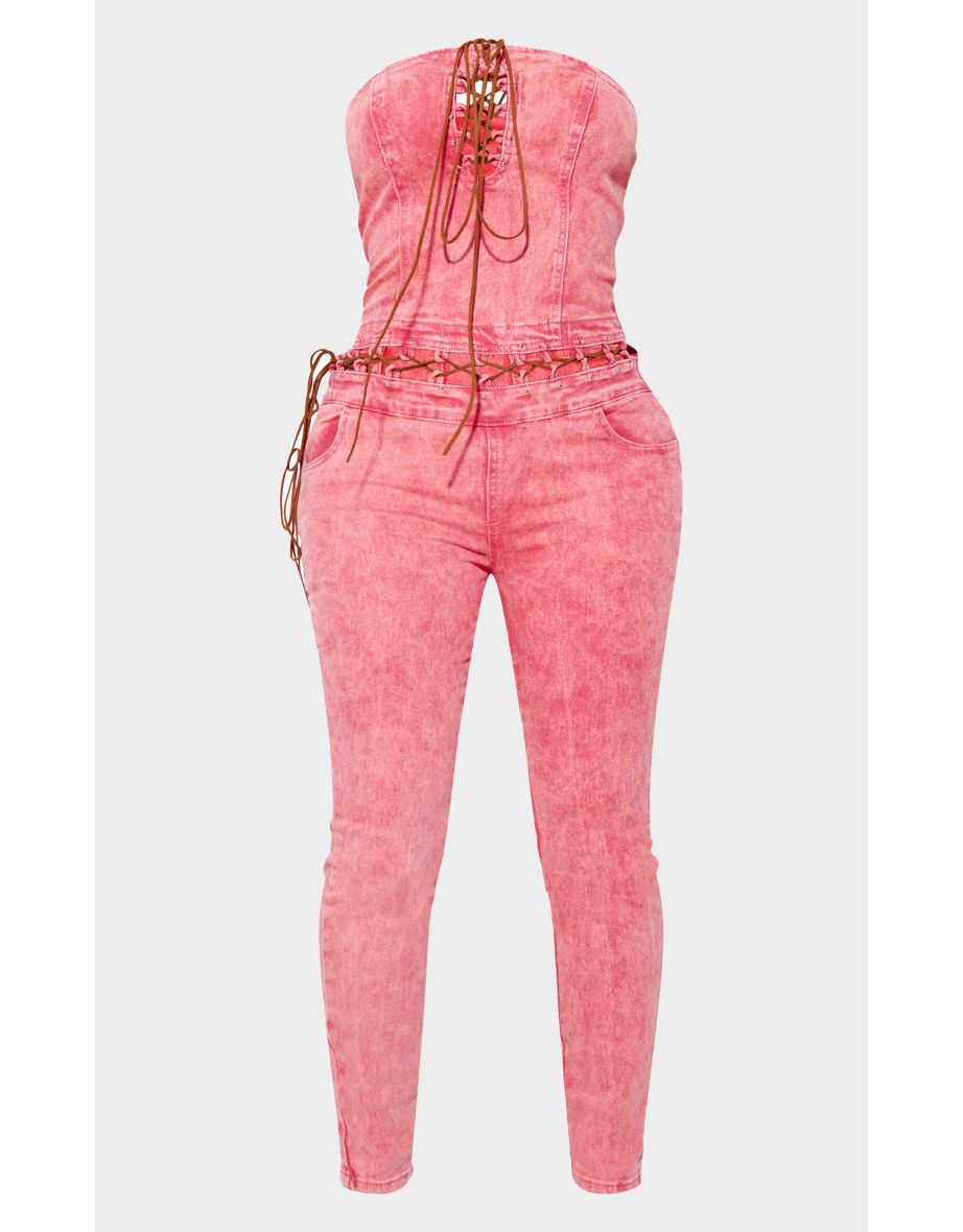Shape Washed Red Denim Bandeau Lace Up Detail Jumpsuit - 4