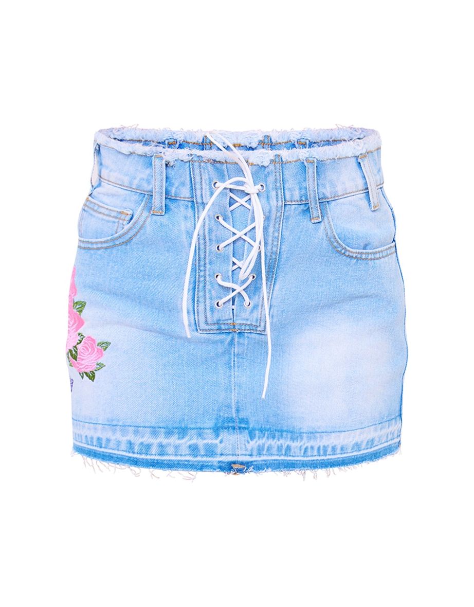 Light Blue Wash Flower Embroidered Denim Mini Skirt - 5