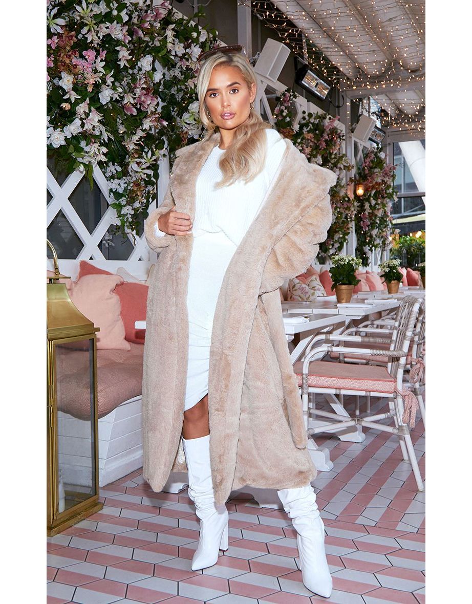 Taupe Belted Faux Fur Coat
