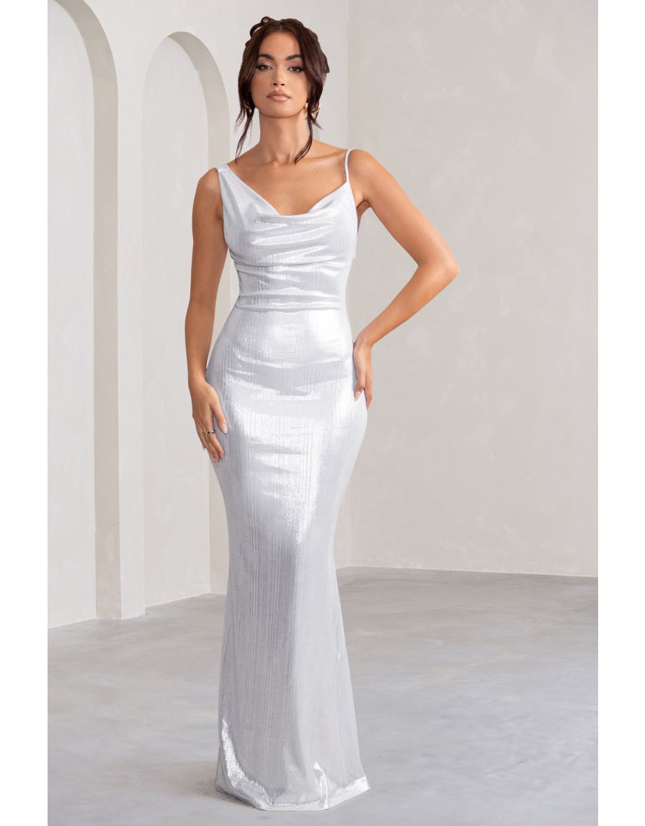 Galaxy Shimmer | Silver Bias Cut Cowl Front Maxi Dress - 3