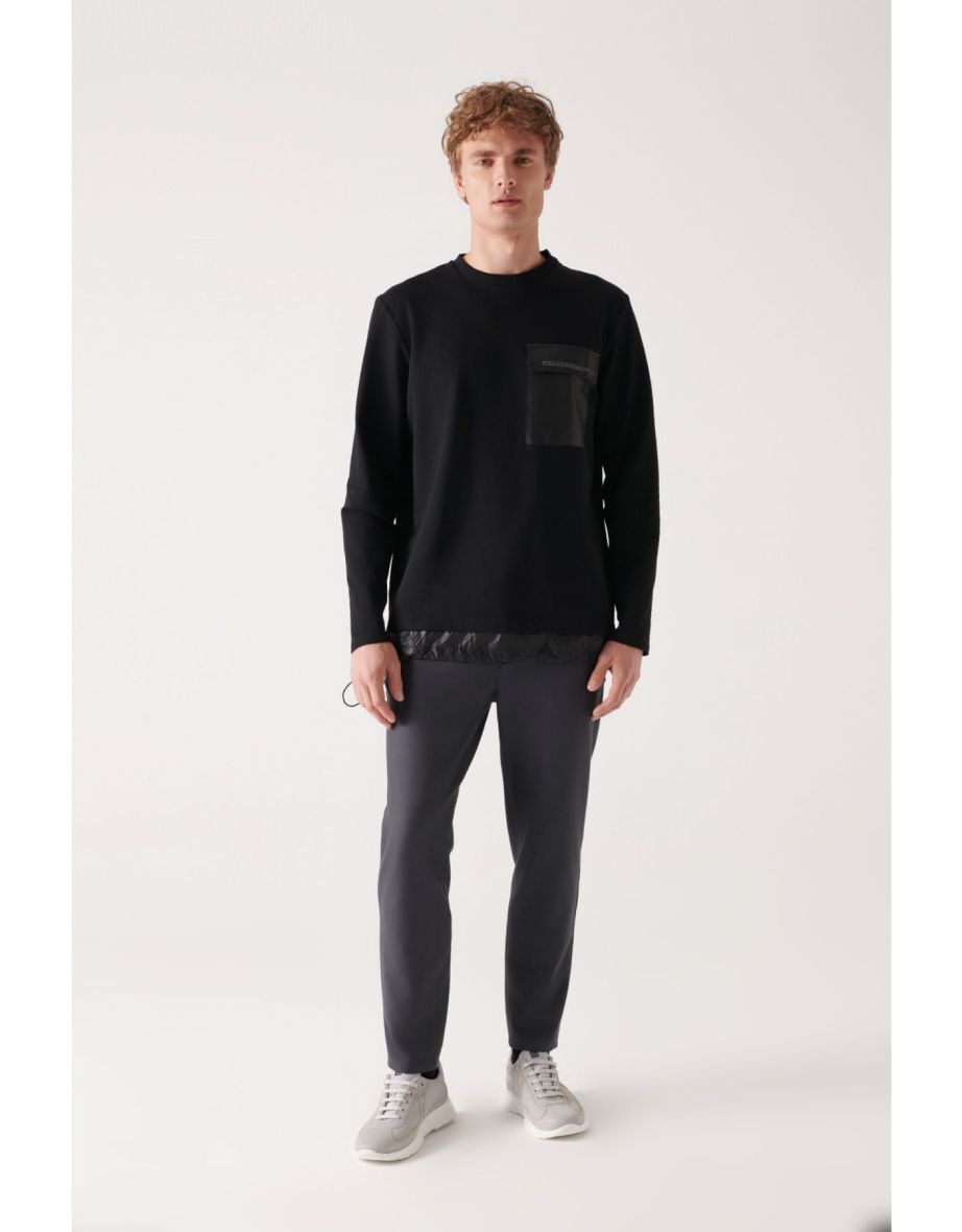 Men's Black Crew Neck Parachute Fabric Pocket Detailed Standard Fit Regular Cut Sweatshirt