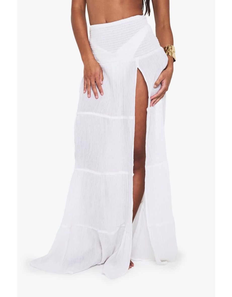 Crinkle Cotton Shirred Beach Maxi Skirt - white - 2