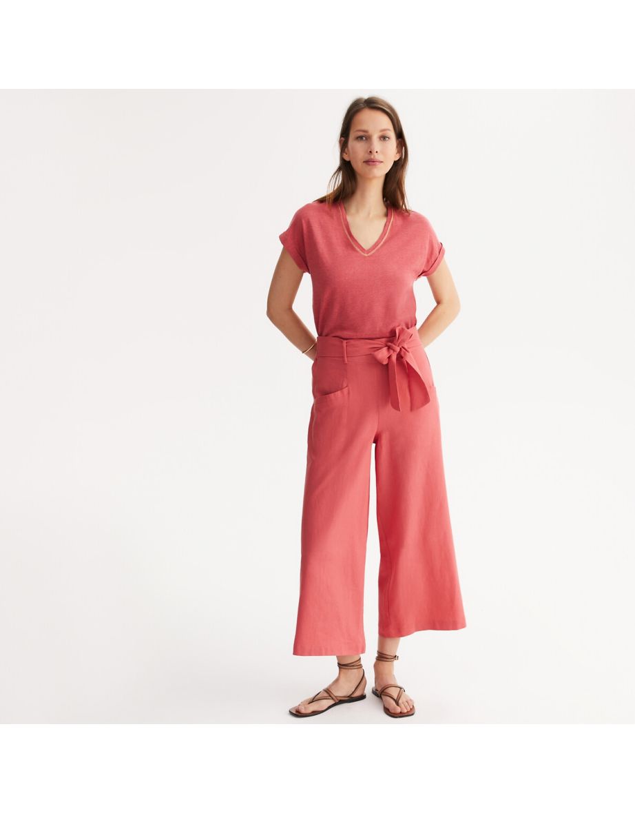 V-Neck Linen T-Shirt with Short Sleeves