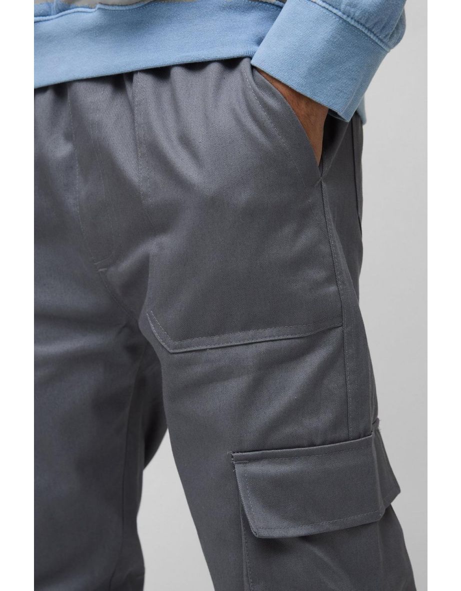 Skinny Fit Elasticated Waist Cuffed Cargo Trousers - charcoal - 2