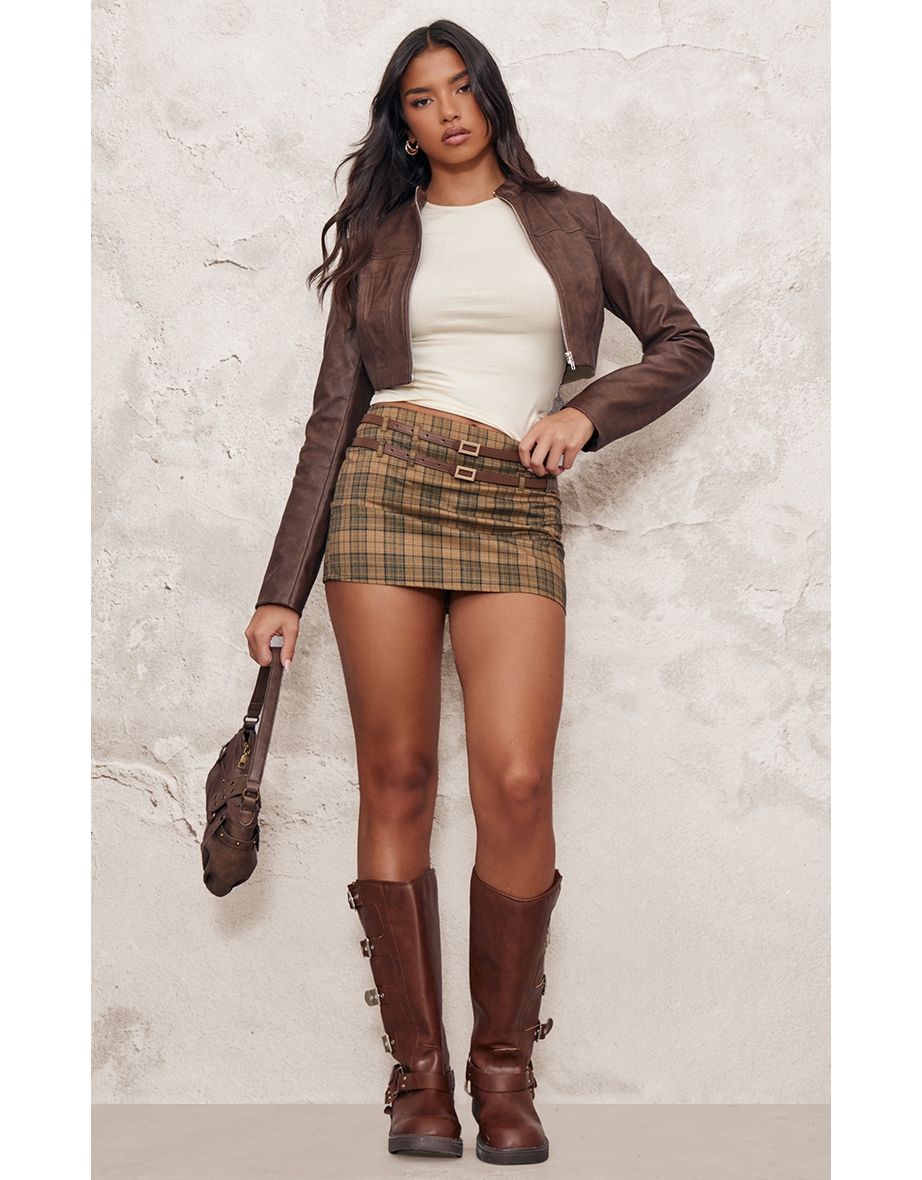 Brown Faux Leather Panel Details Biker Jacket
