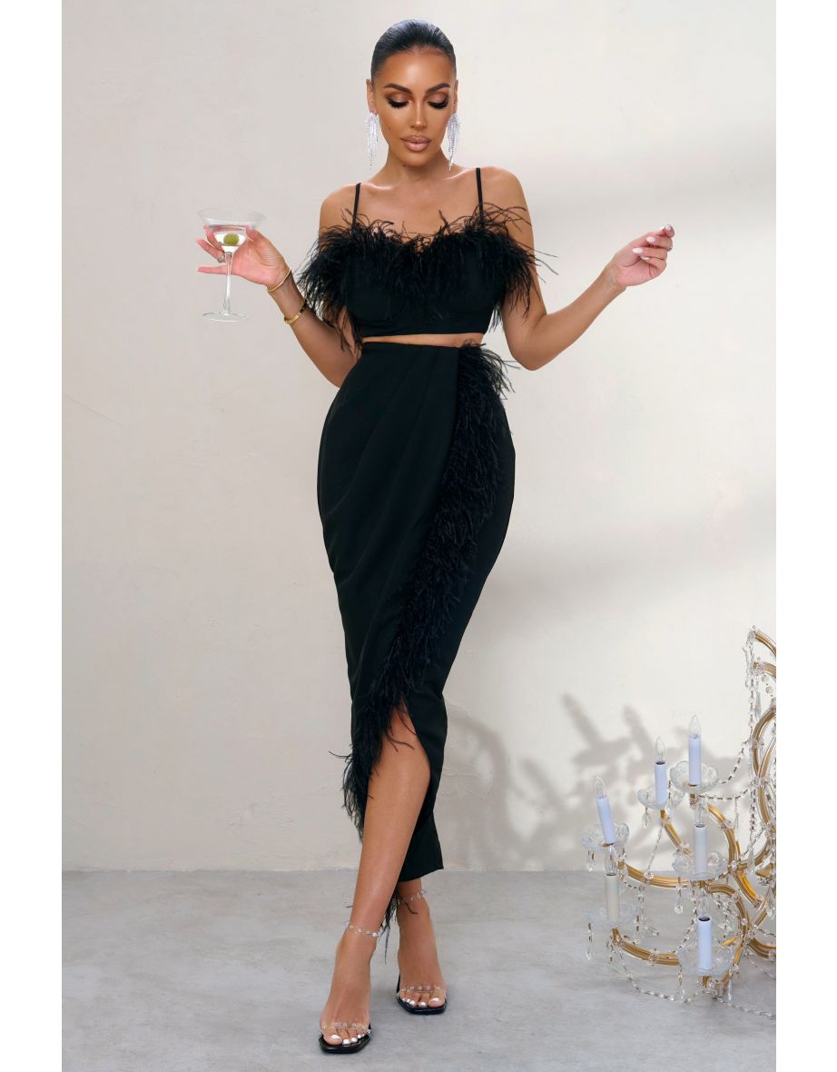 Margarita | Black Wrap Front High Waisted Midi Skirt With Feather Trim