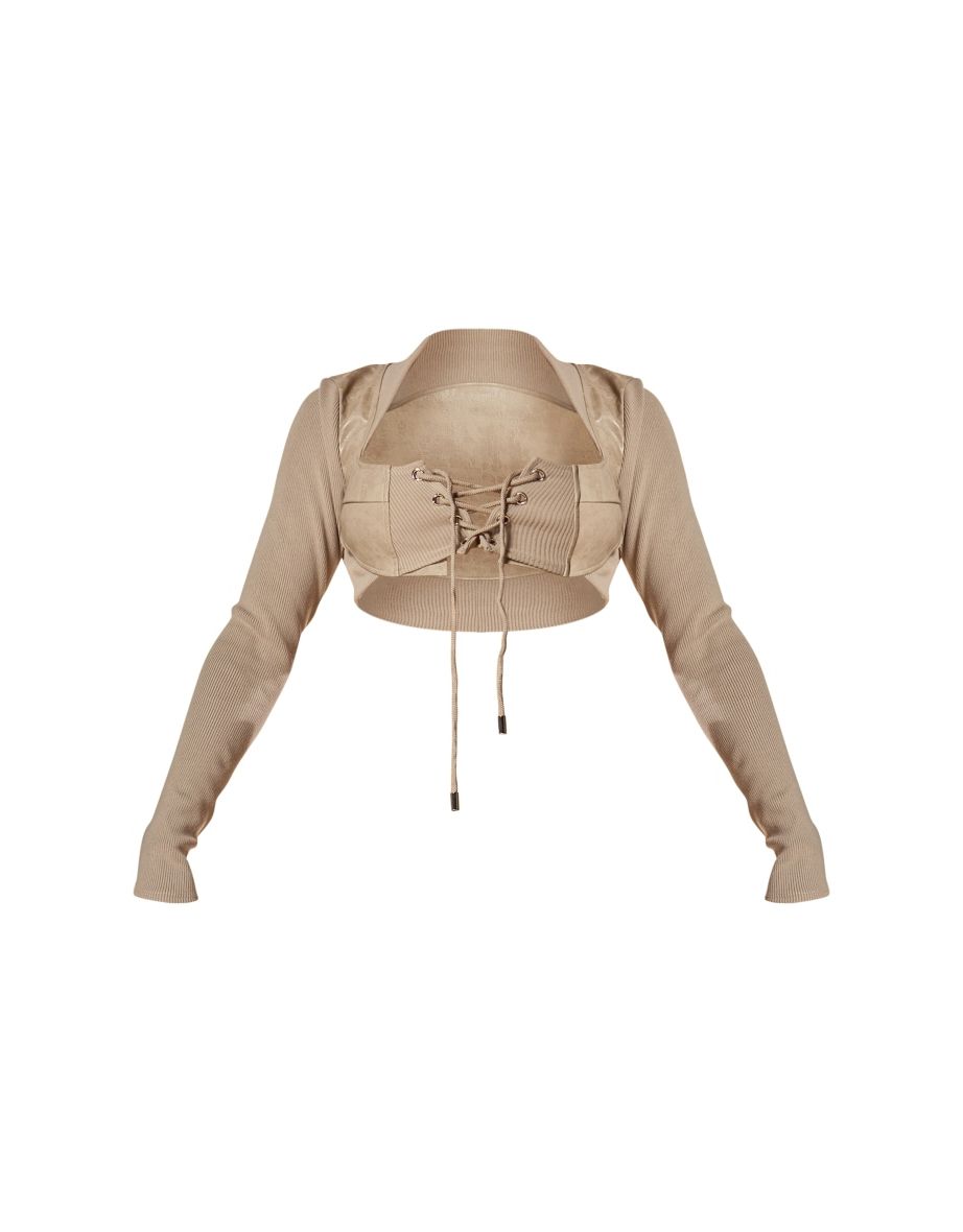 PLT Label Stone Lace Up Detail Faux Leather Crop Top - 4
