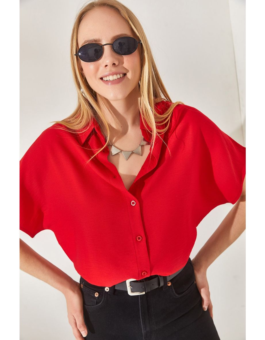Women's Red Bat Oversize Linen Shirt