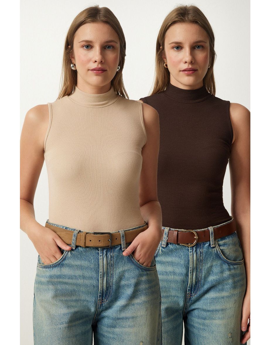 Women's Cream Dark Brown Turtleneck Sleeveless 2-Pack Knitted Blouse