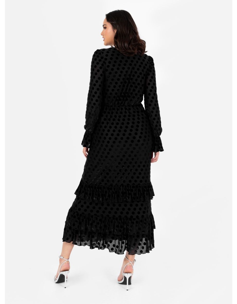 Lovedrobe Black Flocked Polka Dot Midaxi Dress - 6